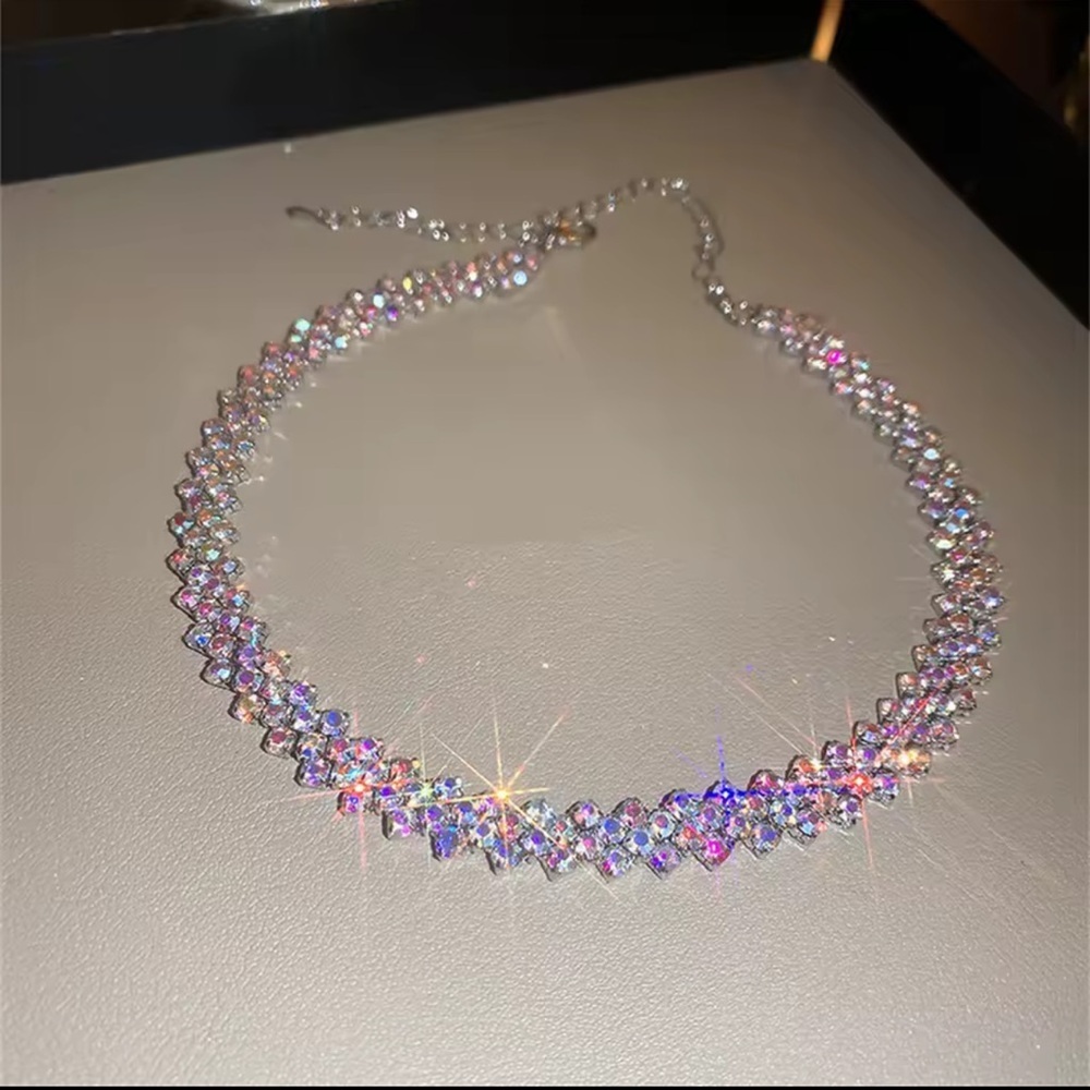Sparkle Pop Silver Plated CZ Aurora Borealis AB Rainbow Crystal Necklace Choker